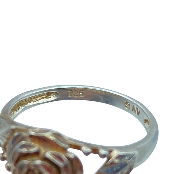 Vintage Sterling Silver 3D Rose Etched Ring Size 9 Signed NV Floral - Picture 10 of 11